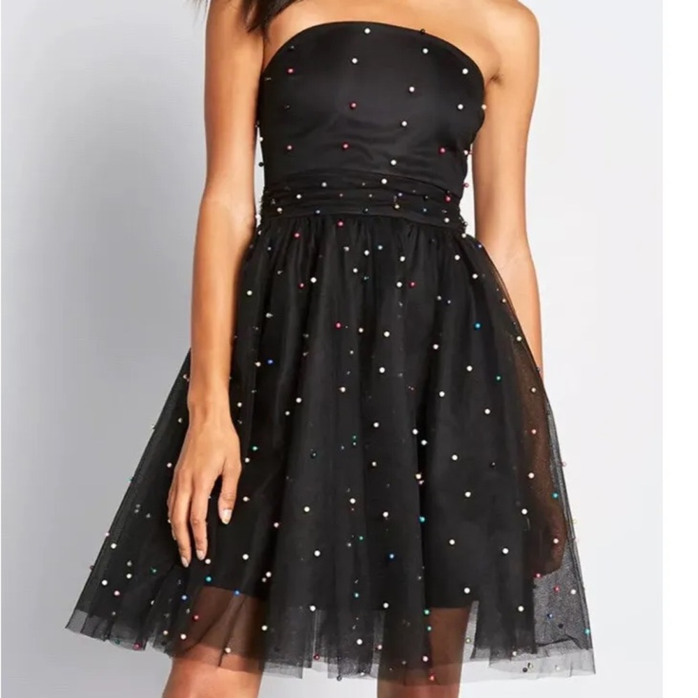 Betsey Johnson Black Tulle Mini Dress with Rainbow Pearls